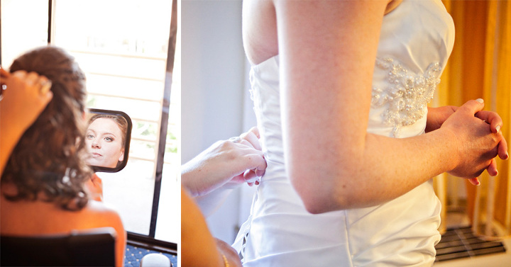 beautiful bride getting into her wedding dress