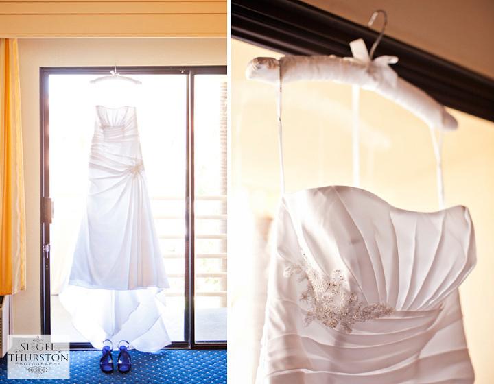 wedding dress and navy blue high heels