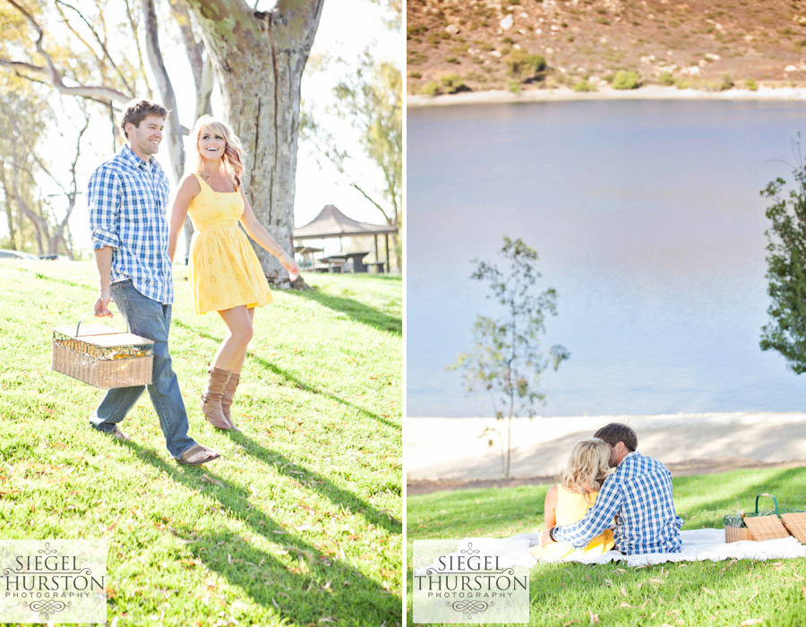romantic picnic engagement shoot at lake Poway in San Diego