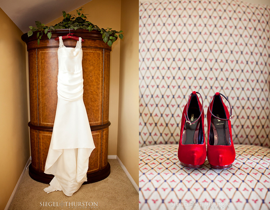 modern designer wedding dress and red velvet fendi high heels