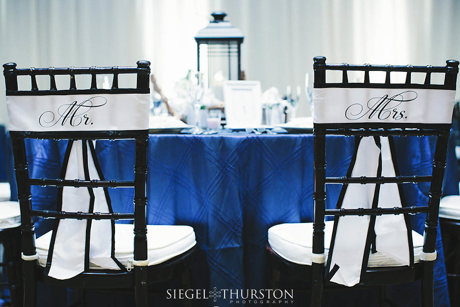 Mrs and Mr white and blue chair sashes