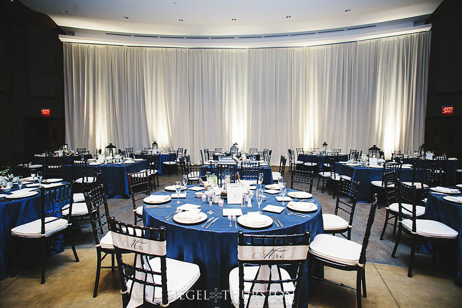 blue and white wedding reception at the scripps forum