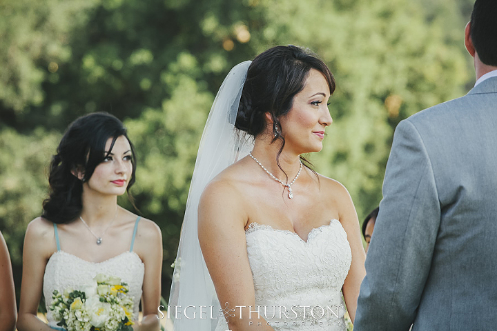 bride in a lace dress and cathedral length veil