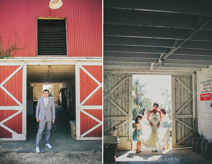 bride and grooms first look in a cute little barn in san diego