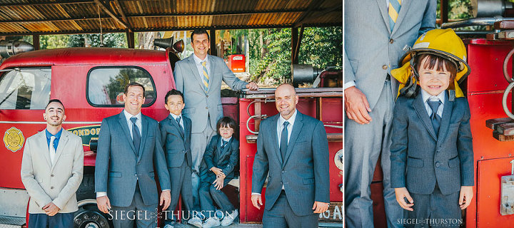 fun groomsman photos on an old vintage fire truck