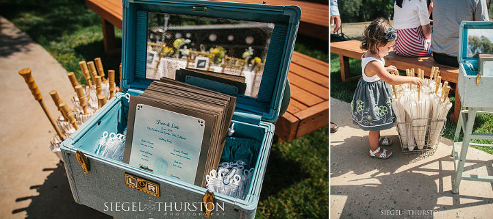 an old make up case held the wedding programs and jars of bubbles