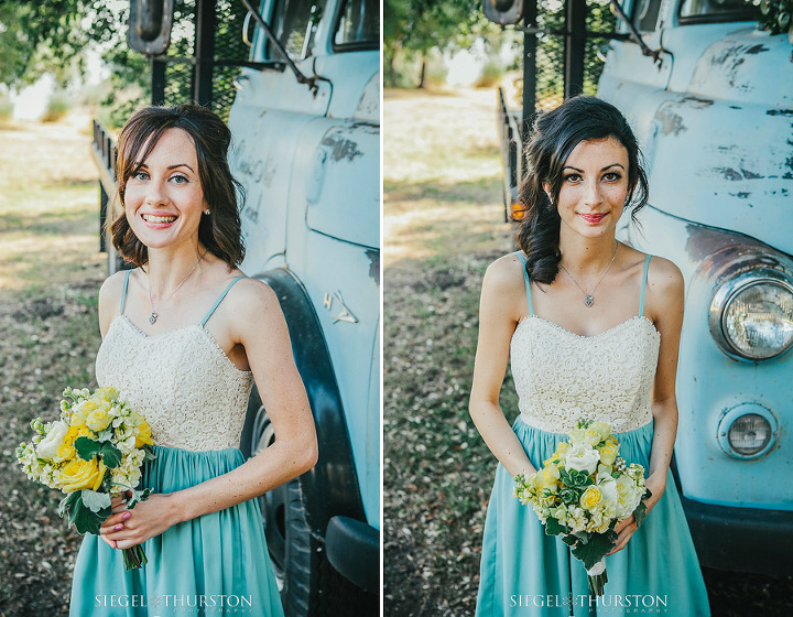 bridesmaids with yellow and white bouquets and knee length dresses