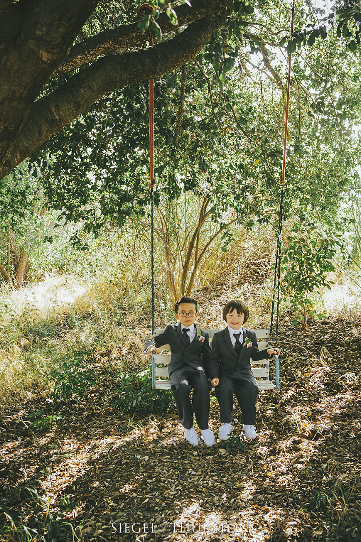the ring bearers playing on a tree swing