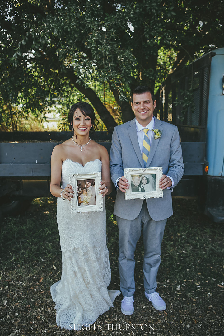 bride and groom holding up their parent