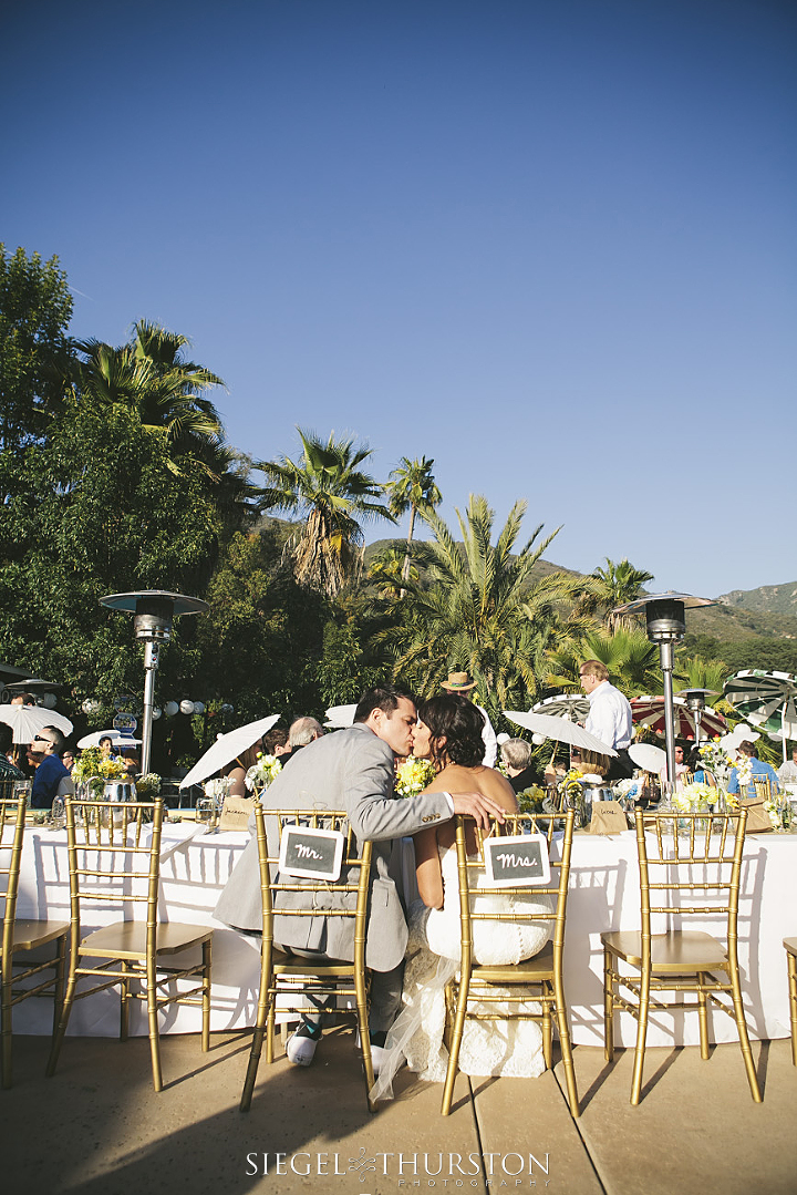 bride and groom chalk board signs for their long table