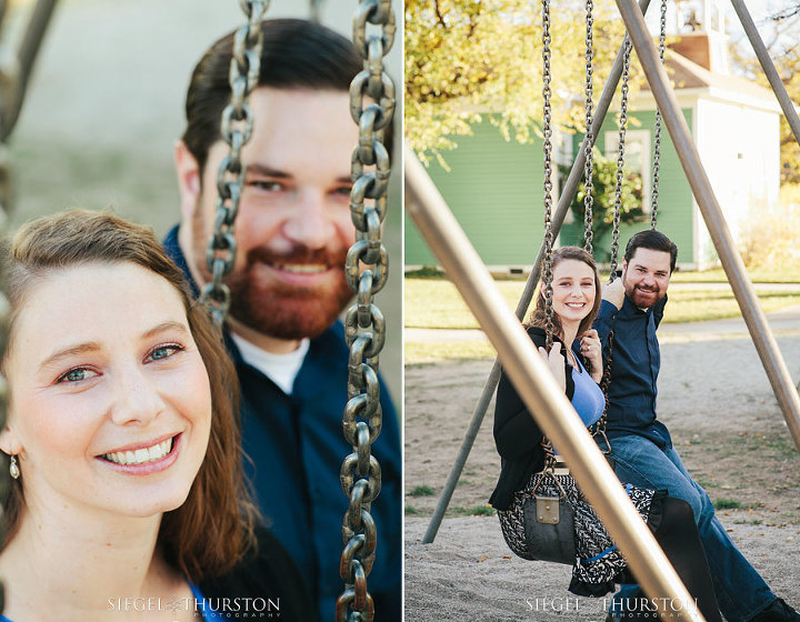 fun engagement photos of Kevin and Elyssa playing on a swing set