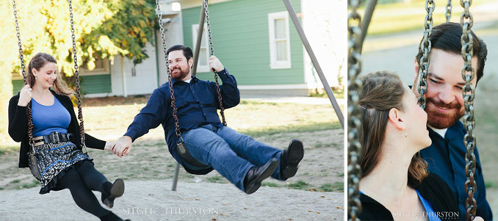 fun engagement photos of Kevin and Elyssa playing on a swing set