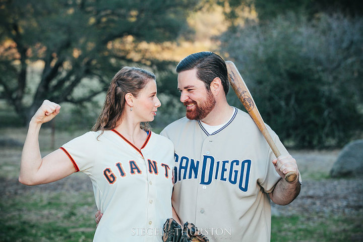 cute engagement shoot ideas with baseball team jerseys