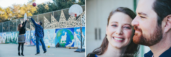 fun engagement photos of Kevin and Elyssa playing basket ball