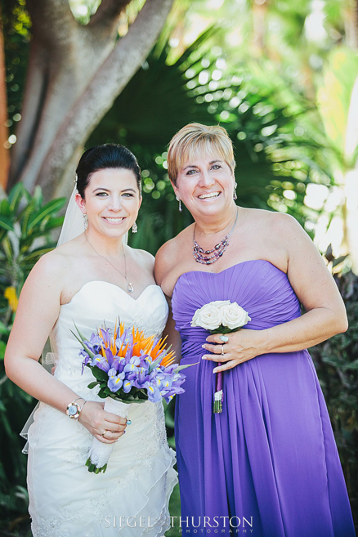 tropical wedding bridesmaid photos in purple accent color