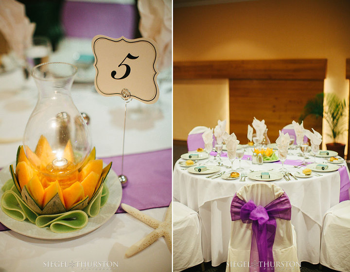 cancun destination wedding reception with purple accent color and cantaloupe center pieces