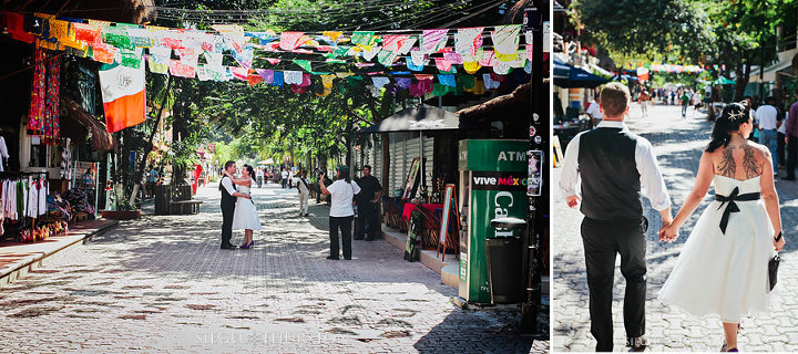 trash the dress in the middle of the town of playa del carmen with colorful flags over head destination wedding mexico