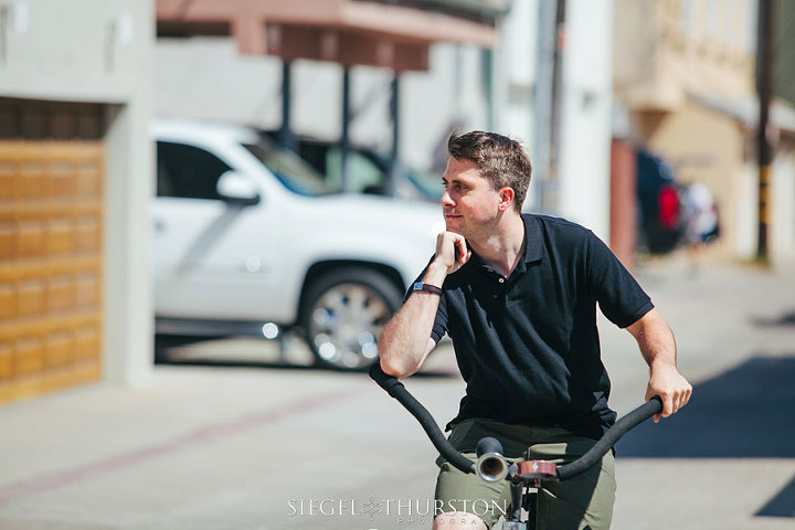 engagement photos with beach cruiser bikes in mission beach