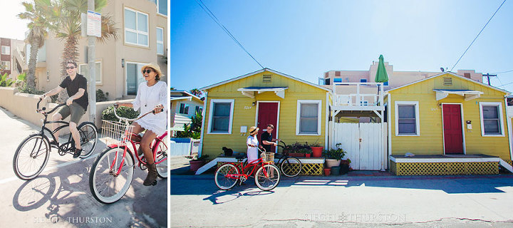 engagement photos with beach cruiser bikes in mission beach