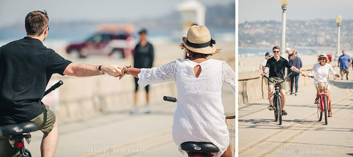 engagement photos with beach cruiser bikes in San Diego