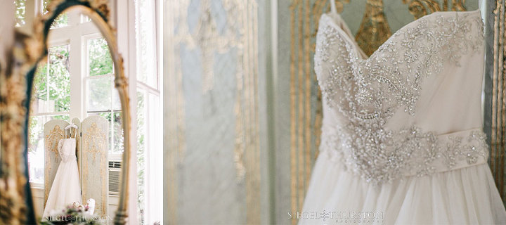 beaded wedding dress hanging on a vintage changing screen in the bridal suite at Green Gables Estates in San Diego