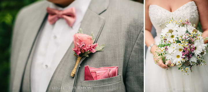 pink rose boutonniere on a gray suit