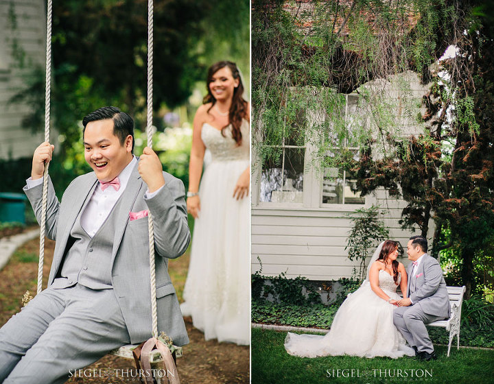 fun wedding photos of the bride pushing the groom on a swing
