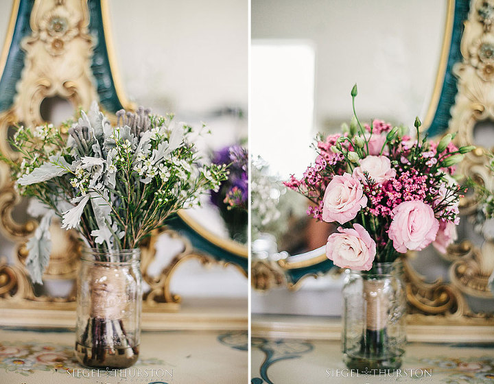 pink and gray bridesmaid bouquets with burlap sitting in a mason jar