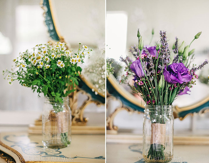 purple bridesmaid bouquets with burlap sitting in a mason jar