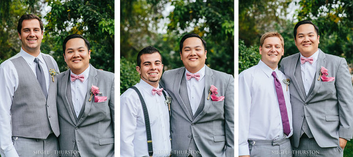 groomsmen in suspenders and pink bow ties
