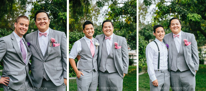 groomsmen wearing gray suits and pink ties