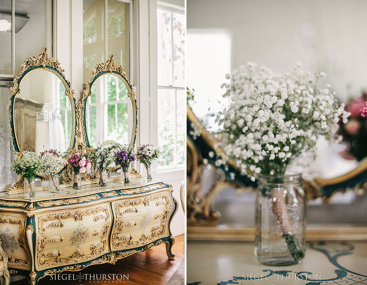 bride and bridesmaids flowers in mason jars on a vintage dresser in the bridal suite at Green Gables Estates in San Diego