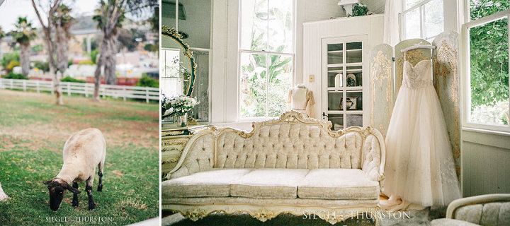 beaded wedding dress hanging on a vintage changing screen in the bridal suite at Green Gables Estates in San Diego