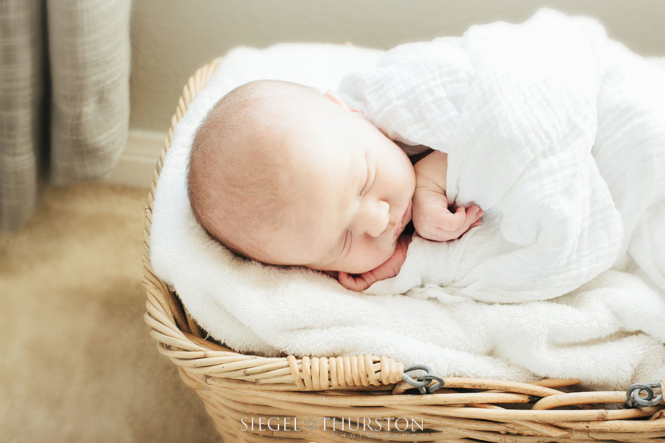newborn sleeping baby portraits in a basket taken in san diego