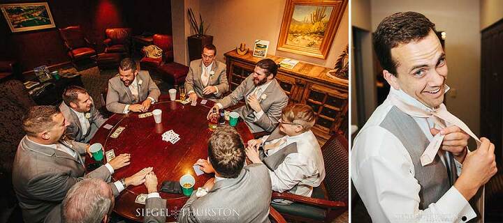 the groom and all his groomsmen playing poker before the wedding ceremony