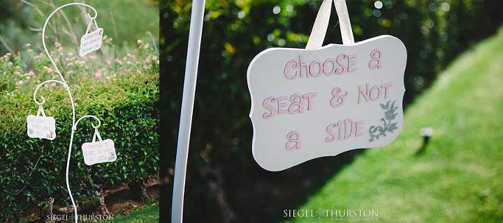DIY signs for choose a seat not a side for wedding ceremony