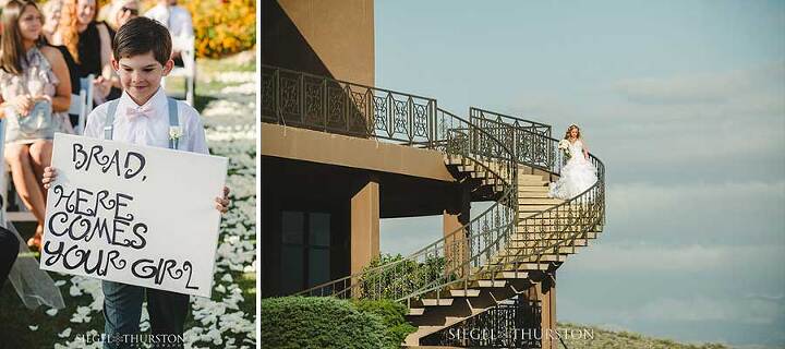 bride coming down a grand outdoor staircase at the skyline country club