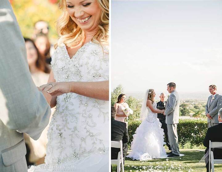 bride laughing during wedding ceremony