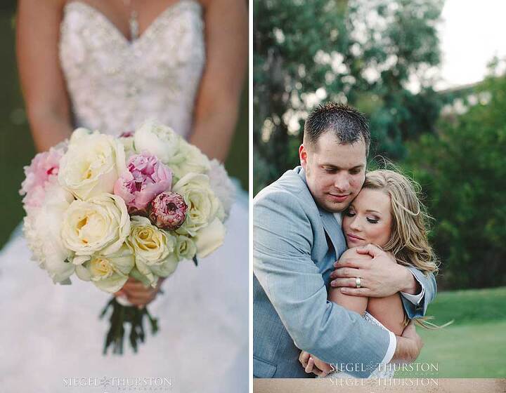 bridal wedding bouquet with white and pink peonies and garden roses