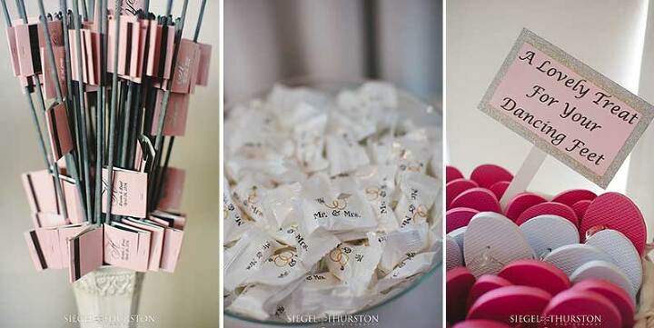 wedding details of sparklers and monogram candies and flipflops