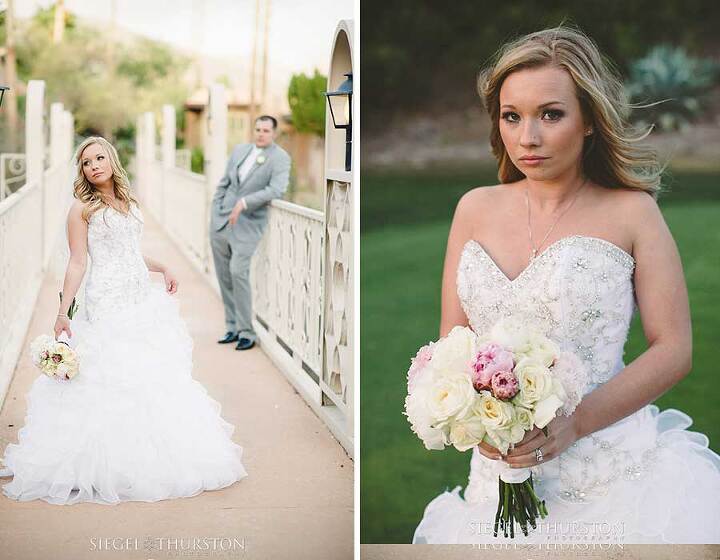 gorgeous bride holding a bouquet of peonies and garden roses