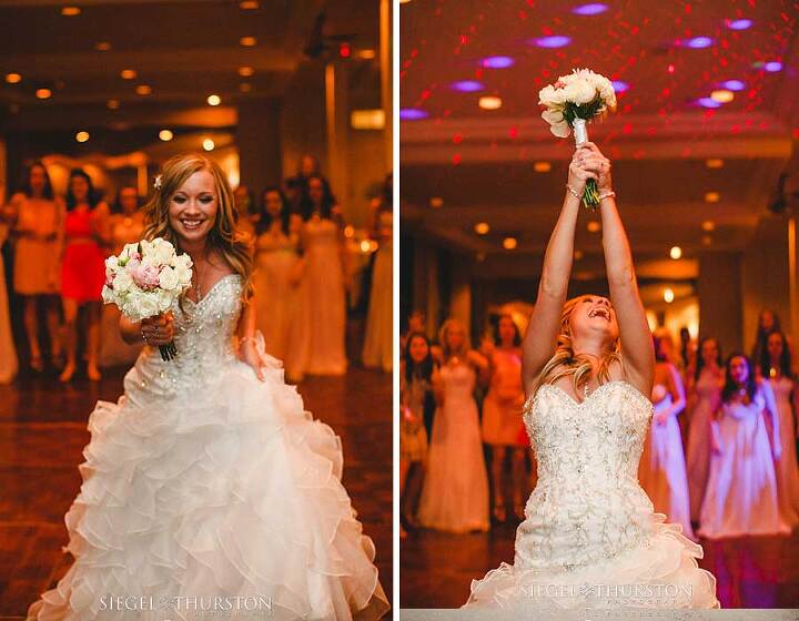 bouquet toss in the ballroom at skyline country club