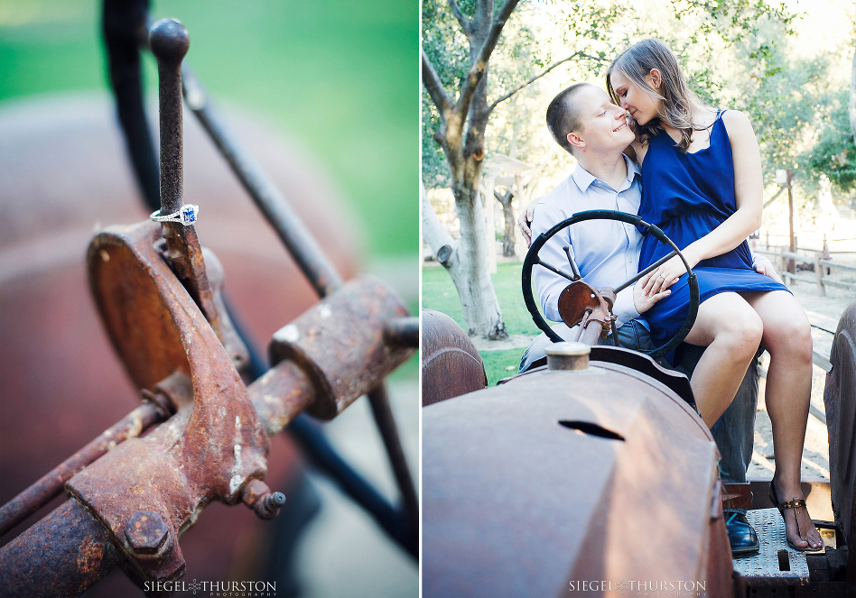 engagement photos in irvine regional park on an old tractor