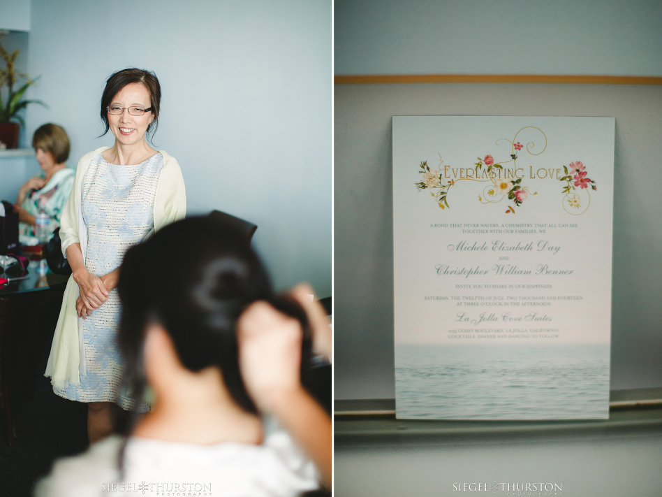 mother of the bride watching her daughter get her hair done for her wedding