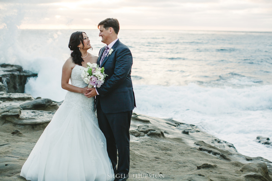 La Jolla Cove Wedding Portraits with waves crashing in the background