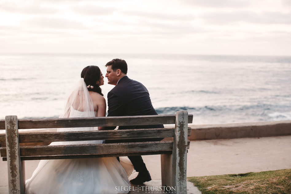 romantic la jolla cove wedding portraits on a bench