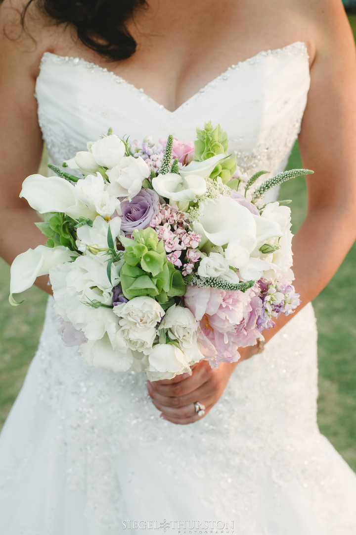 pastel wedding bouquet with white callayilies and pink peonies  