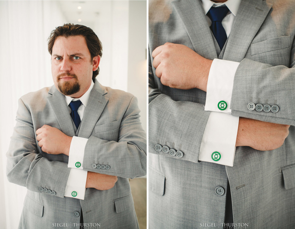 best man wearing gray suite and vest and super hero cuff links for la jolla wedding