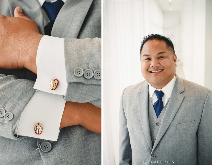 best man wearing gray suite and vest and super hero cuff links for la jolla wedding