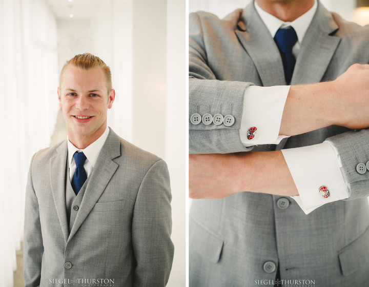 best man wearing gray suite and vest and super hero cuff links for la jolla wedding